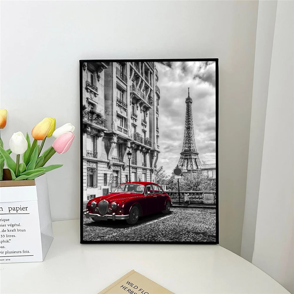 retro red car black and white paris london Poster Self-adhesive Art Waterproof Paper Sticker Coffee House Bar Room Wall Decor