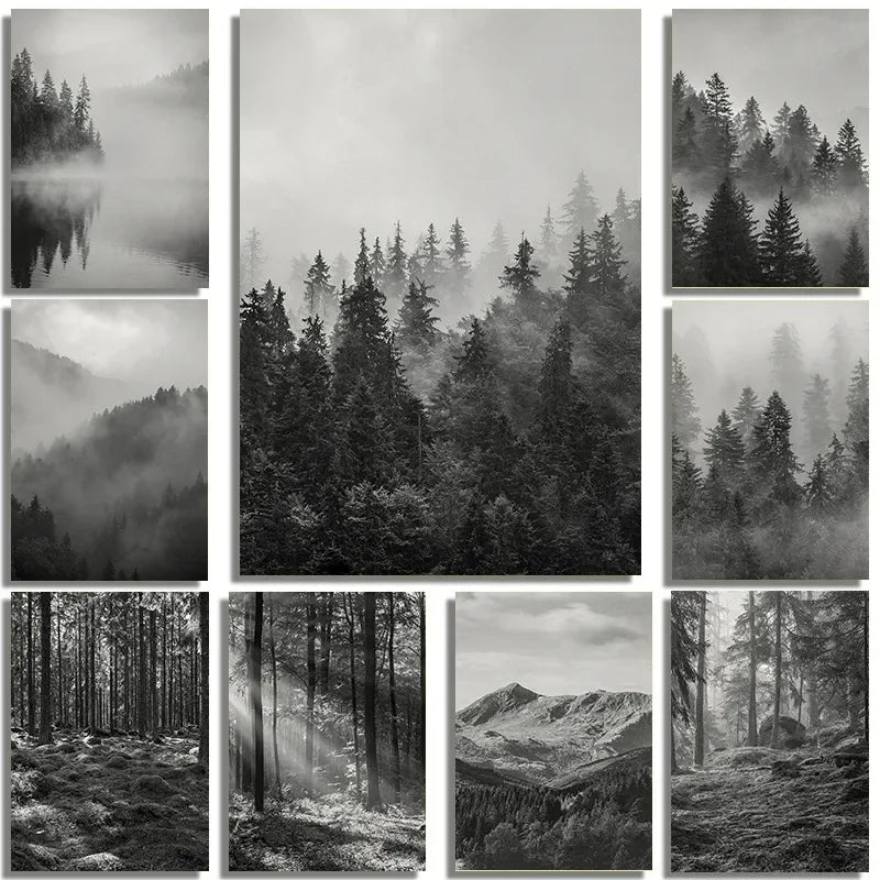 Black White Foggy Pine Tree Forest Mountains Posters Canvas Painting Wall Art Landscape Pictures for Room Home Decor