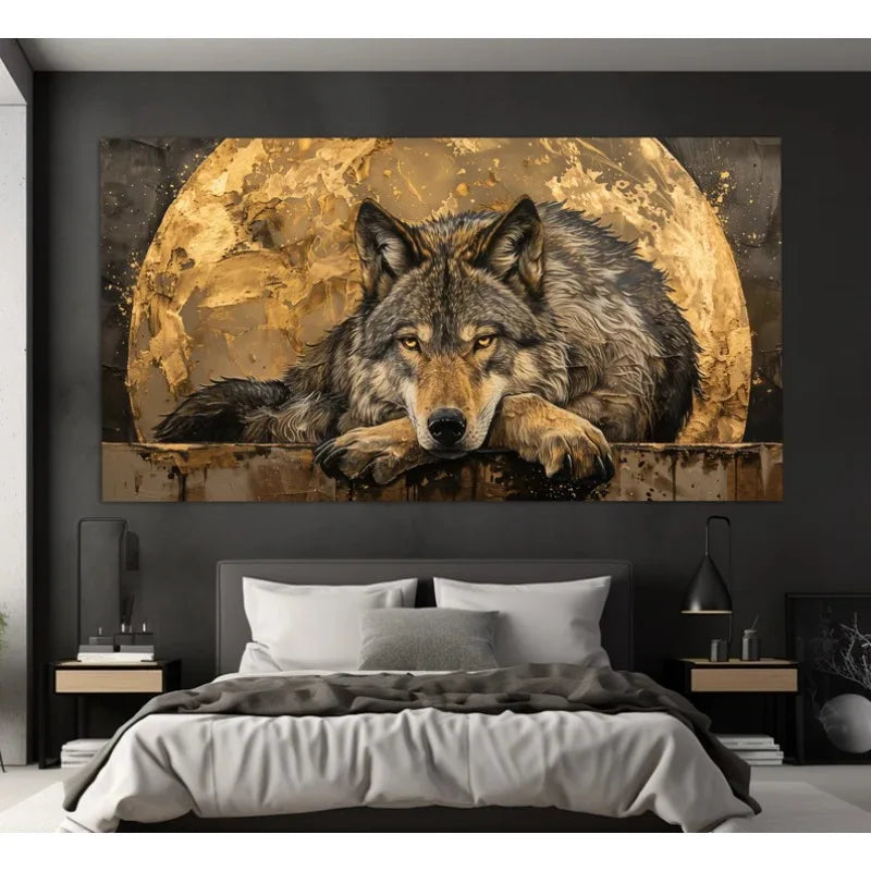 Luxury Style Wolf with Moon Background Abstract Wild Animals Poster Canvas Painting Nordic Wall Art Pictures Home Bedroom Decor