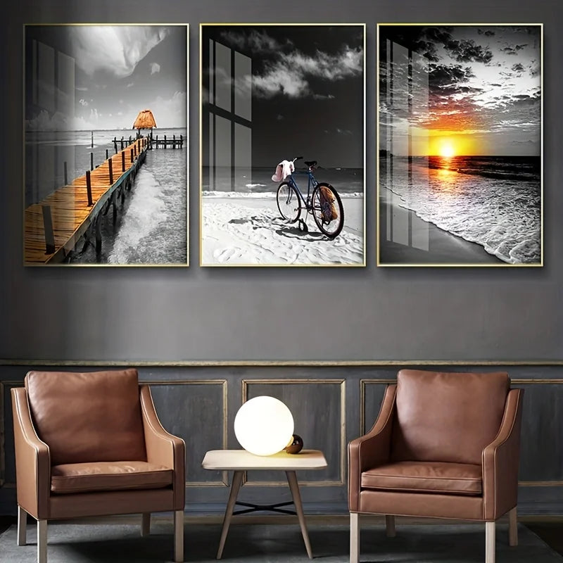 3PCS Frameless Canvas Beach Sunrise Paintings Prints Black White Landscape Pictures Modern Pictures for Bedroom Living Room Home