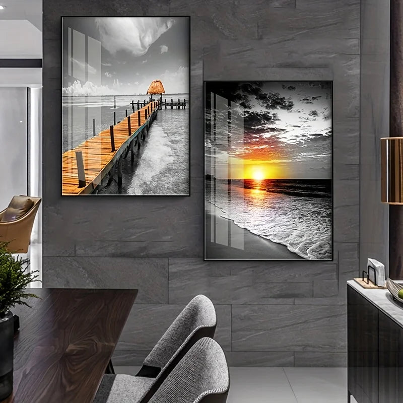 3PCS Frameless Canvas Beach Sunrise Paintings Prints Black White Landscape Pictures Modern Pictures for Bedroom Living Room Home