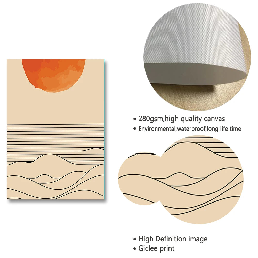 Burnt Orange Sunset Sea Wave Line Canvas Painting Boho Sunrise Posters And Prints Wall Art Pictures For Living Room Home Decor