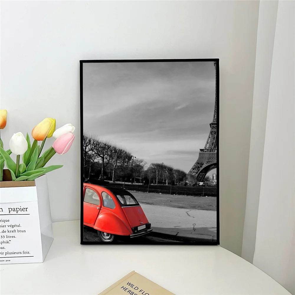 retro red car black and white paris london Poster Self-adhesive Art Waterproof Paper Sticker Coffee House Bar Room Wall Decor