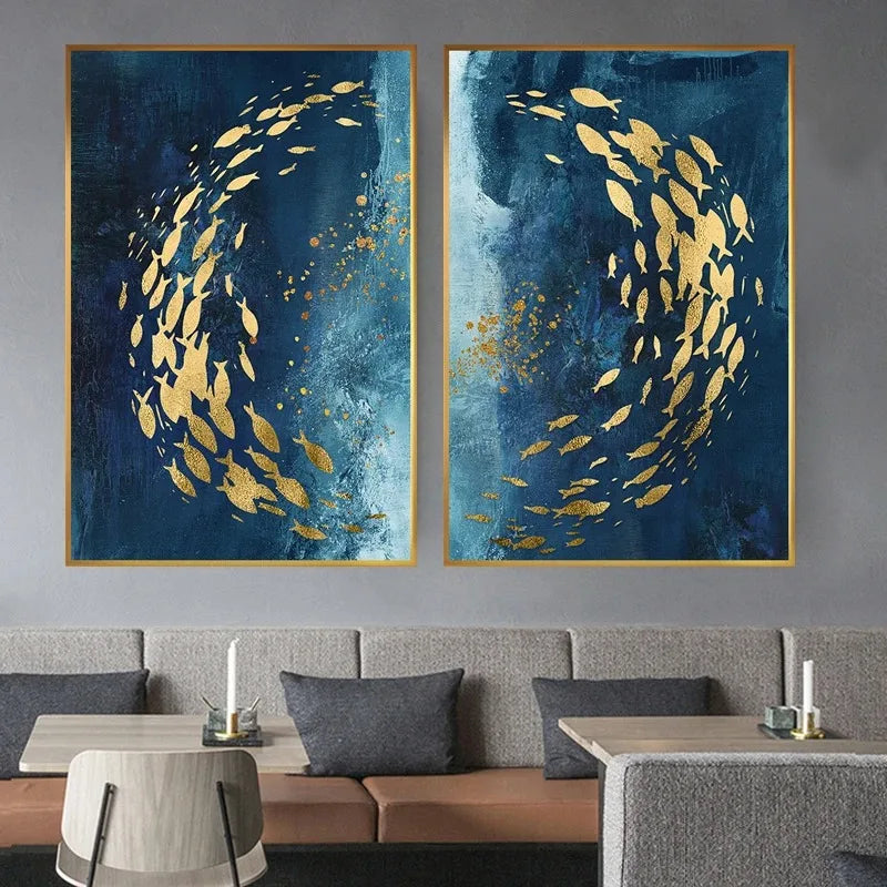 Abstract Gold Fish Blue Canvas Painting Posters and Prints Wall Art Aisle Luxurious Picture Cuadros for Living Room Home Decor
