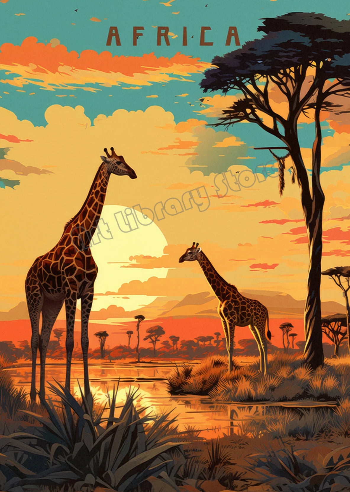 Retro Abstract African Kruger National Park Safari Wildlife Travel Giraffe Poster Canvas Painting Wall Art Pictures Home Decor