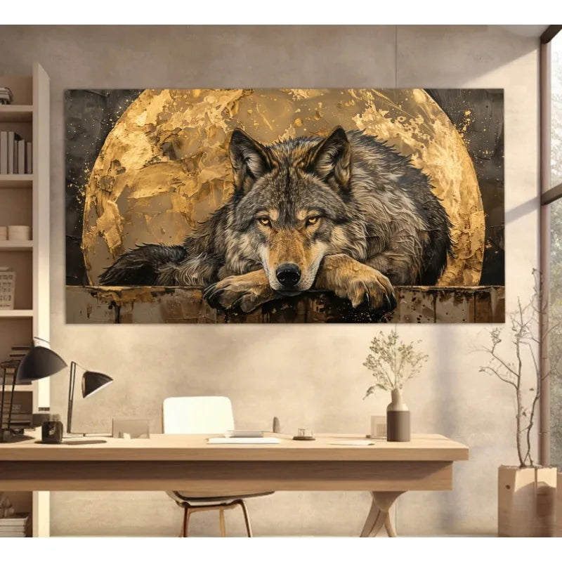 Luxury Style Wolf with Moon Background Abstract Wild Animals Poster Canvas Painting Nordic Wall Art Pictures Home Bedroom Decor