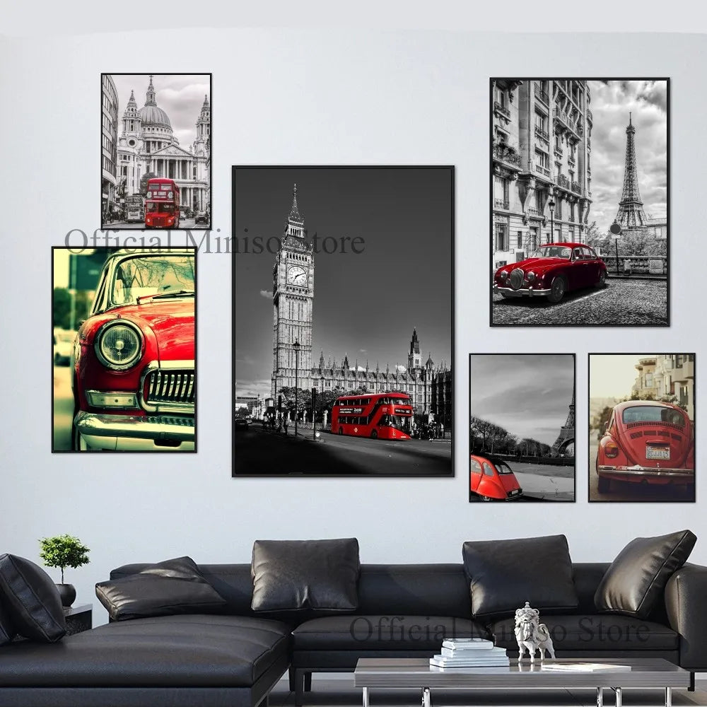 retro red car black and white paris london Poster Self-adhesive Art Waterproof Paper Sticker Coffee House Bar Room Wall Decor
