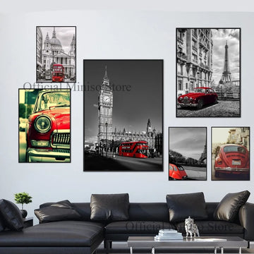 retro red car black and white paris london Poster Self-adhesive Art Waterproof Paper Sticker Coffee House Bar Room Wall Decor