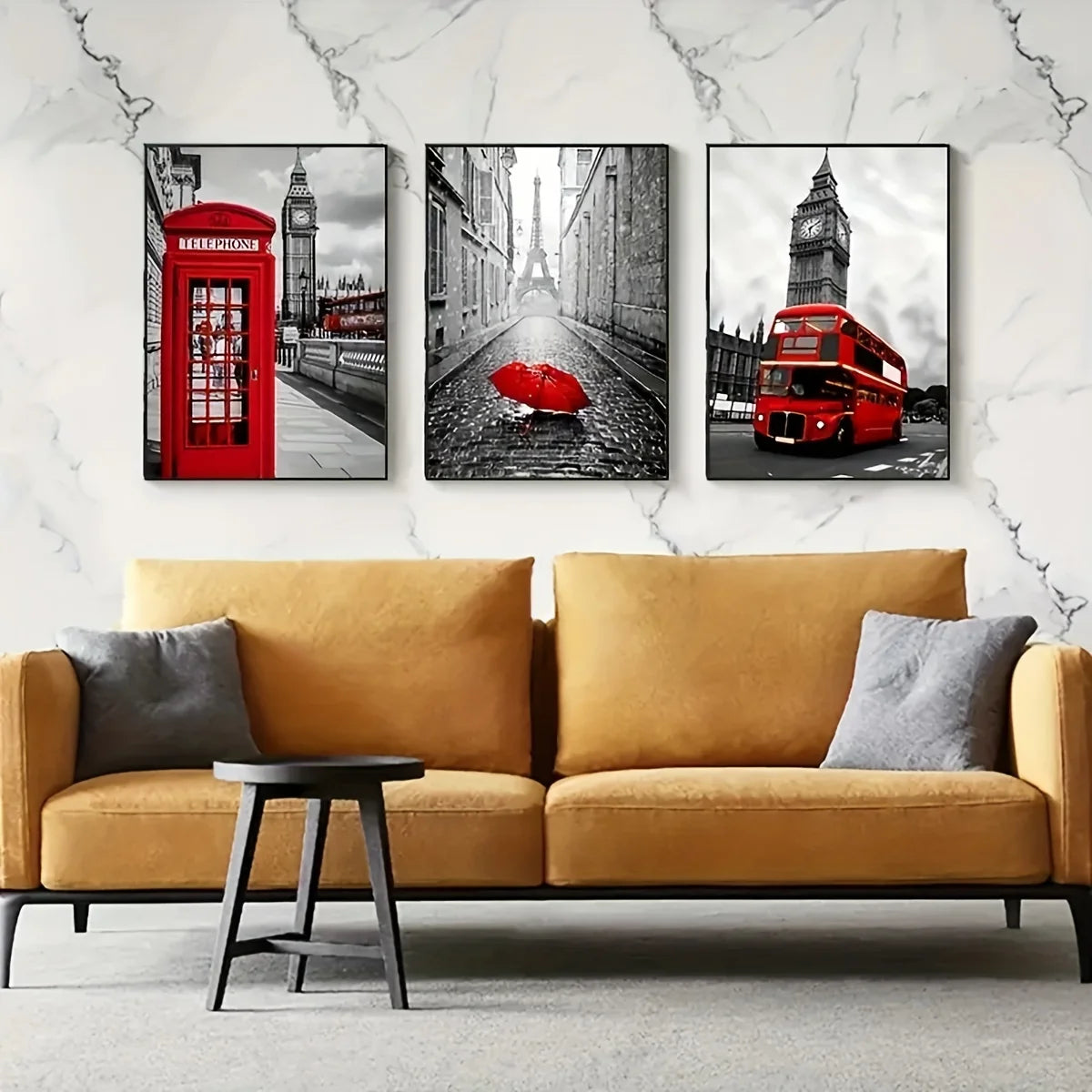 3pcs black and white cityscape paris london eiffel tower canvas street view red bus phone booth poster and prints wall art, mode