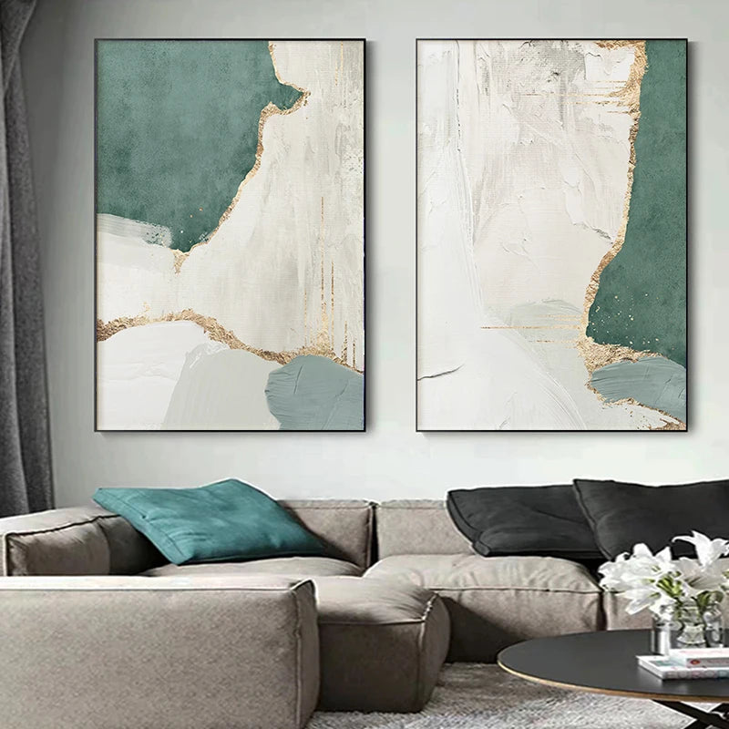 Modern Abstract Canvas Painting Gold Foil Flow Green Brown for Living Room Posters and Prints Wall Pictures Decor Cuadros