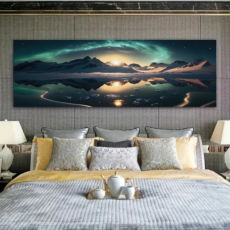 1pcs Frameless Canvas Poster, Modern Art, Starry Sky, Sun, Snowy Mountains and River, Ideal Gift for Bedroom, Wall Decoration