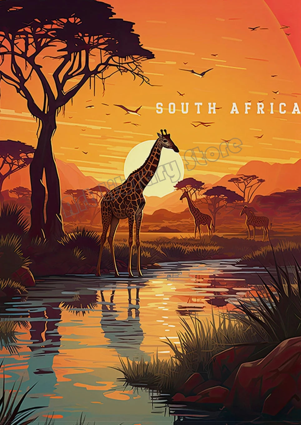 Retro Abstract African Kruger National Park Safari Wildlife Travel Giraffe Poster Canvas Painting Wall Art Pictures Home Decor