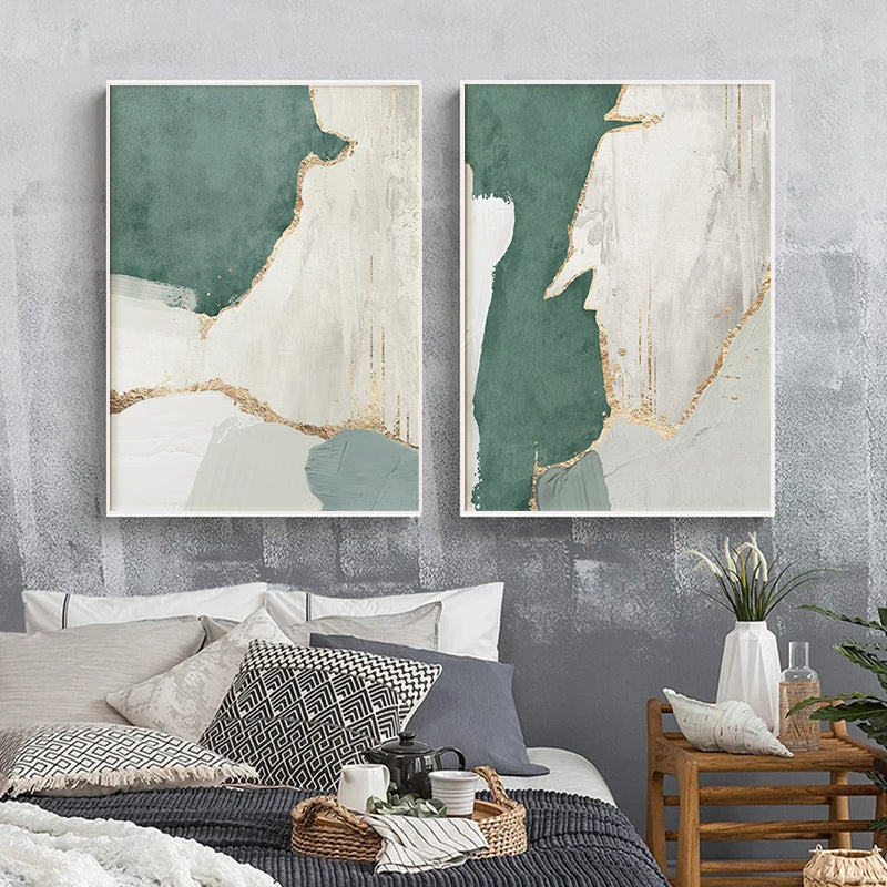 Modern Abstract Canvas Painting Gold Foil Flow Green Brown for Living Room Posters and Prints Wall Pictures Decor Cuadros