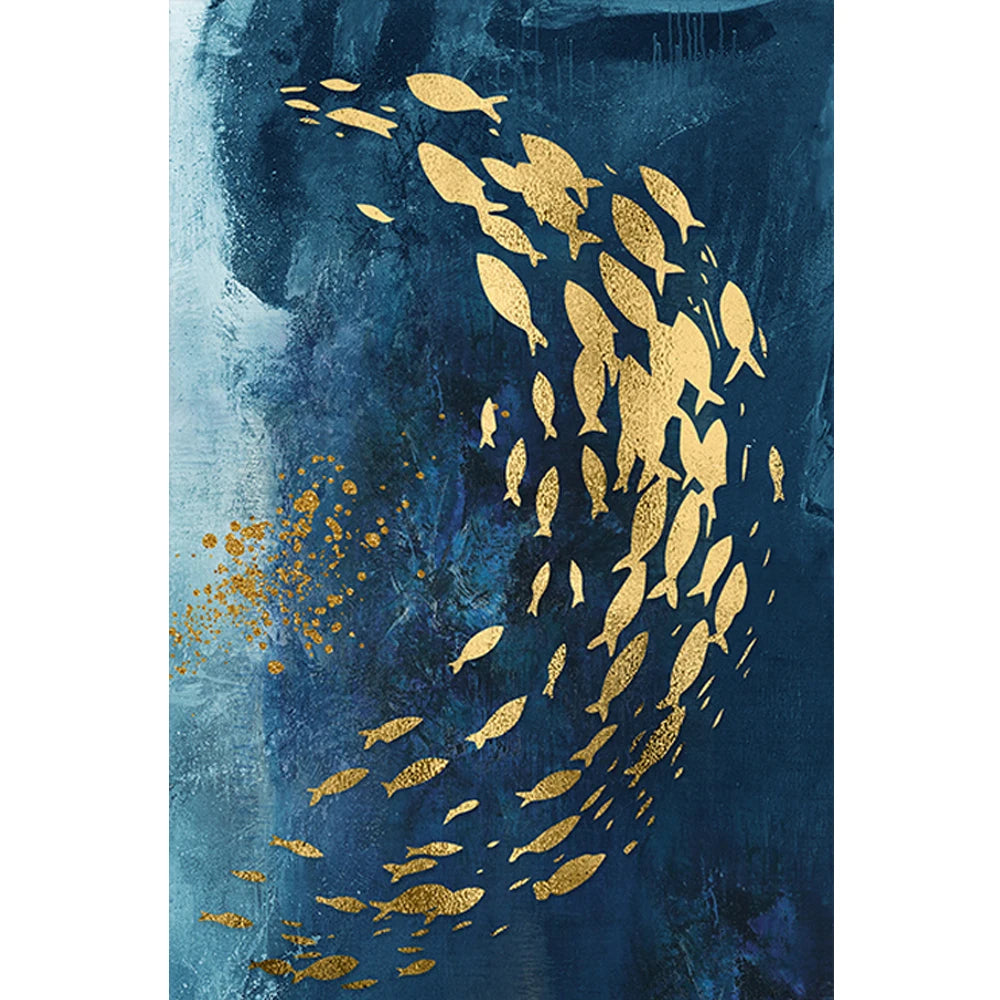 Abstract Gold Fish Blue Canvas Painting Posters and Prints Wall Art Aisle Luxurious Picture Cuadros for Living Room Home Decor