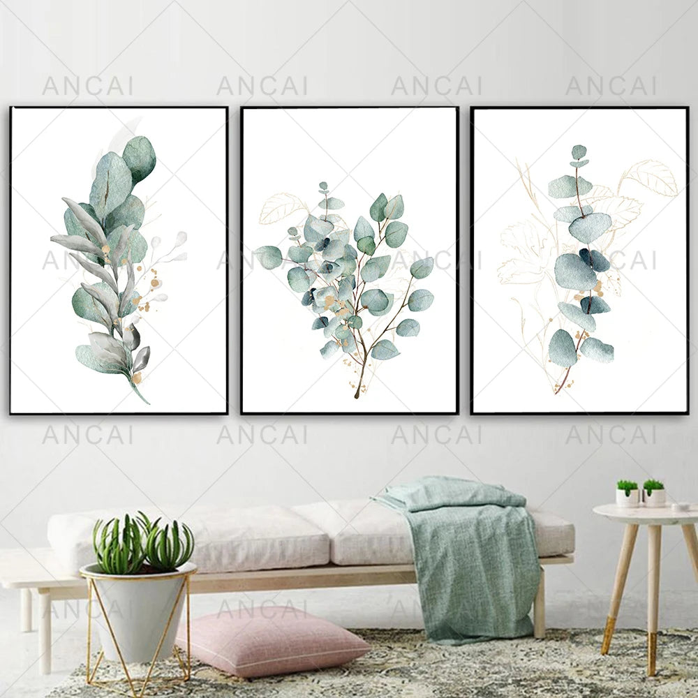 Eucalyptus Watercolor Print Floral Leaf Botanical Greenery Leaves Canvas Painting Green Golden Poster Wall Pictures Home Decor
