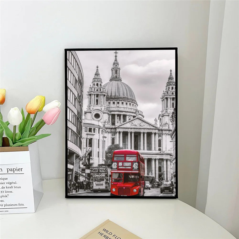 retro red car black and white paris london Poster Self-adhesive Art Waterproof Paper Sticker Coffee House Bar Room Wall Decor