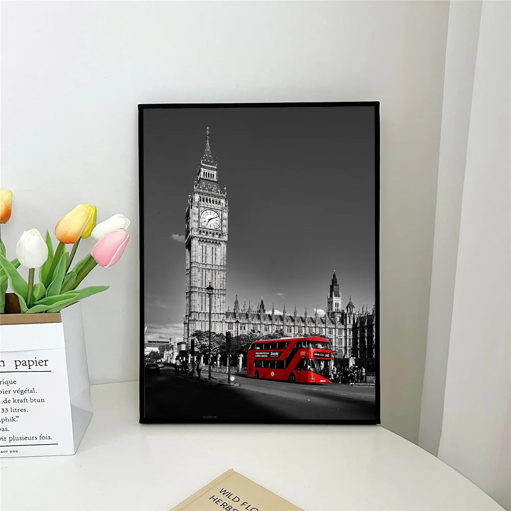 retro red car black and white paris london Poster Self-adhesive Art Waterproof Paper Sticker Coffee House Bar Room Wall Decor