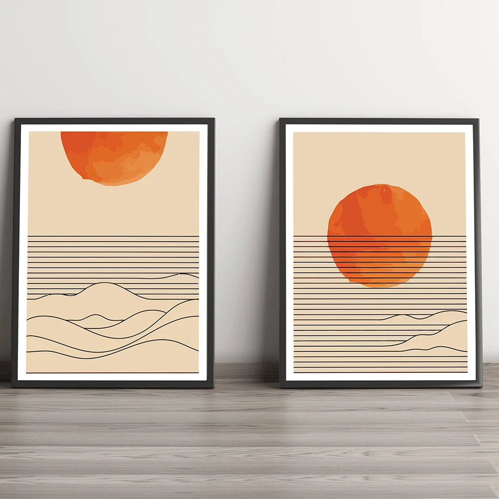 Burnt Orange Sunset Sea Wave Line Canvas Painting Boho Sunrise Posters And Prints Wall Art Pictures For Living Room Home Decor