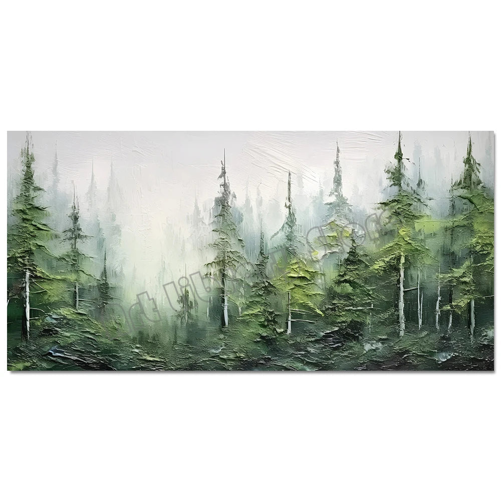 Abstract Foggy Mountain Landscape Beautiful Green Forest Nature Scenery Poster Canvas Painting Wall Art Pictures Home Decor