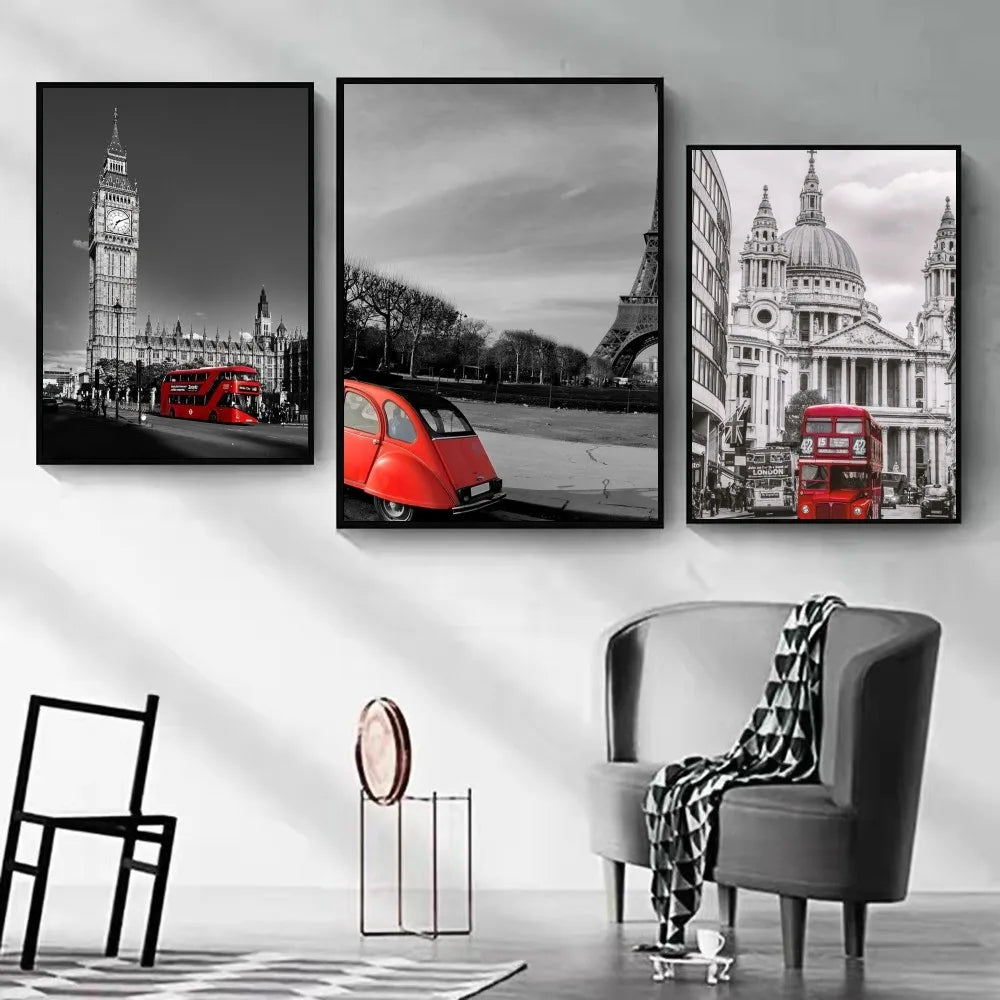 retro red car black and white paris london Poster Self-adhesive Art Waterproof Paper Sticker Coffee House Bar Room Wall Decor