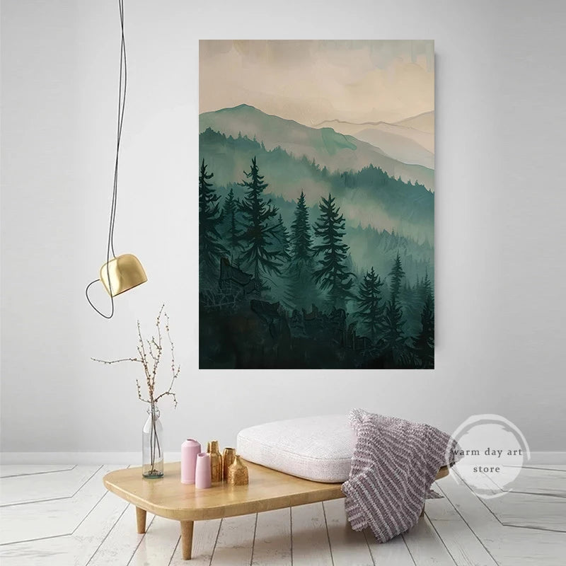 Sage Green Mountain Poster Wall Art Watercolor Mountain Pine Forest Landscape Canvas Painting Abstract Nature Print Home Decor