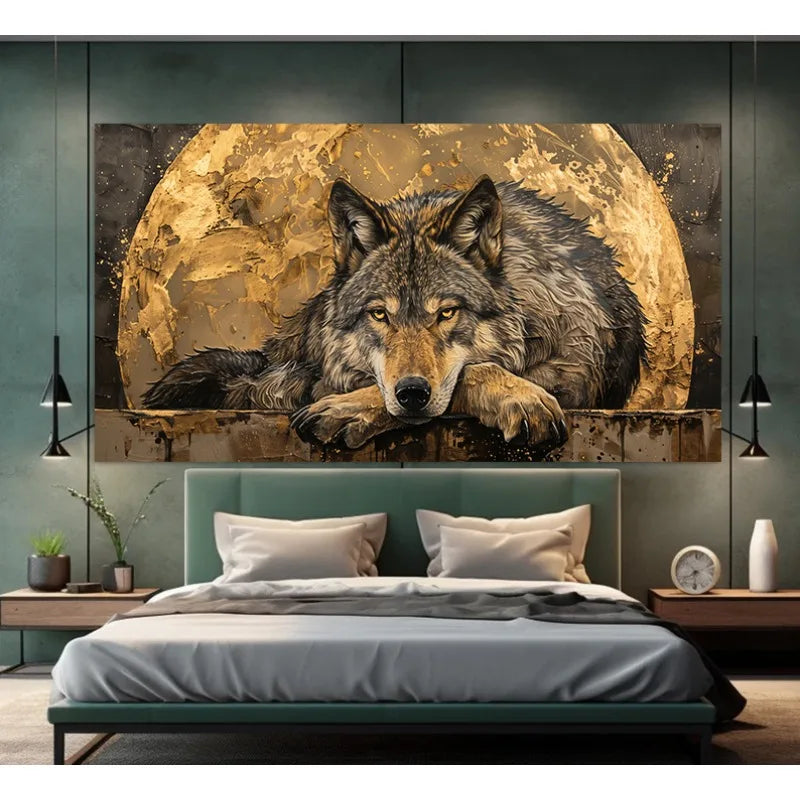 Luxury Style Wolf with Moon Background Abstract Wild Animals Poster Canvas Painting Nordic Wall Art Pictures Home Bedroom Decor