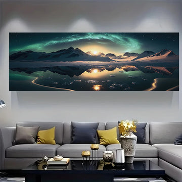 1pcs Frameless Canvas Poster, Modern Art, Starry Sky, Sun, Snowy Mountains and River, Ideal Gift for Bedroom, Wall Decoration