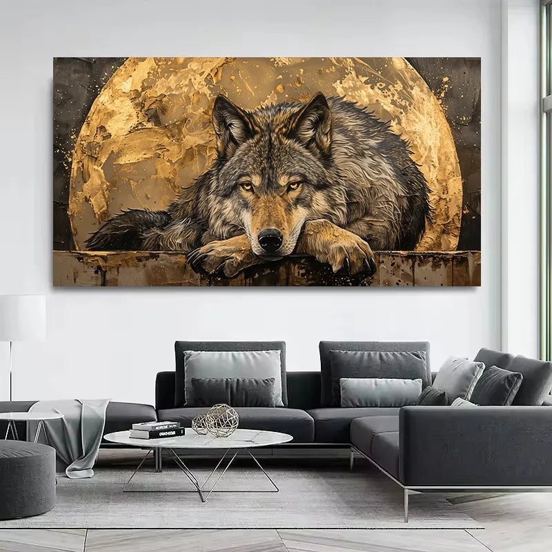 Luxury Style Wolf with Moon Background Abstract Wild Animals Poster Canvas Painting Nordic Wall Art Pictures Home Bedroom Decor