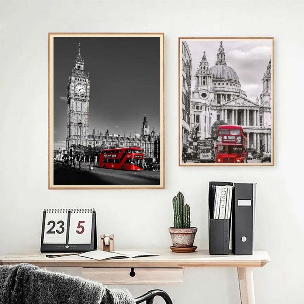 retro red car black and white paris london Poster Self-adhesive Art Waterproof Paper Sticker Coffee House Bar Room Wall Decor
